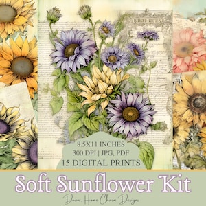 15 Soft Sunflower Junk Journal Pages, Mixed Media, Digital Paper, Junk Journal Paper, Printable Journal Pages, Shabby Chic, Collage sheet