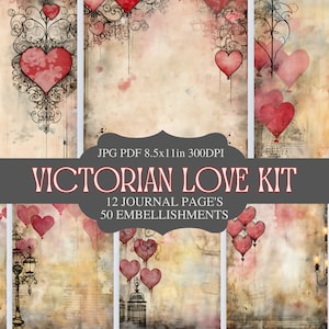 Victorian Valentines Junk Journal Kit, Printable Junk Journal, Mixed Media, Digital Paper, Embellishments, Valentines Day Print, Digital
