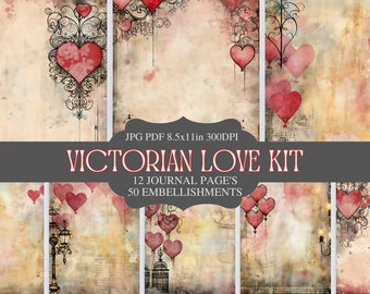 Kit diario di San Valentino vittoriano, diario di San Valentino stampabile, tecnica mista, carta digitale, abbellimenti, stampa di San Valentino, digitale