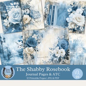 Páginas de diário de recortes do Shabby Rosebook, Kit de diário floral, Papéis básicos, Shabby Chic azul para impressão, Artigos efêmeros de scrapbook de rosas, Vol. 1