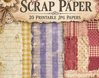Shabby Chic Scrapbook Paper Pack, Gingham Patchwork, Vintage Digital JPGs (20 Papers)