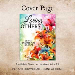K&ouml;nnte beinhalten: Ein druckbarer 21-Tage-Andachtsjournal-Umschlag mit einem Aquarellhintergrund mit orangefarbenen Lilien und dem Text "Loving Others".