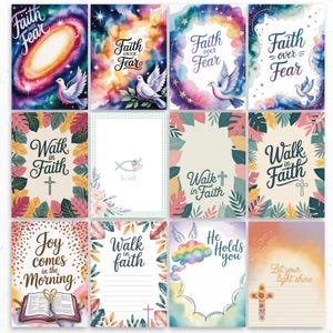 May include: A collection of 12 inspirational cards with watercolor designs. Each card features uplifting phrases like "Faith over Fear," "Walk in Faith," and "Joy comes in the Morning." The cards have floral and celestial backgrounds.