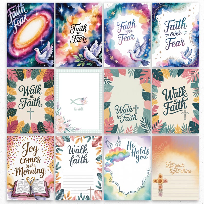 May include: A collection of 12 inspirational cards with watercolor designs. Each card features uplifting phrases like "Faith over Fear," "Walk in Faith," and "Joy comes in the Morning." The cards have floral and celestial backgrounds.