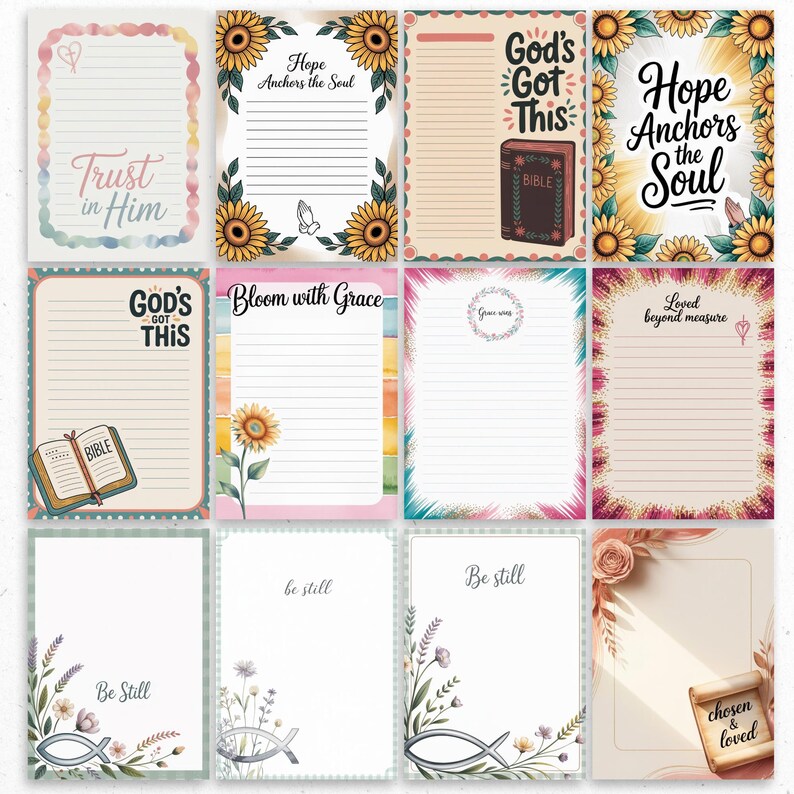 May include: A collection of twelve decorative notepads with various designs and inspirational quotes. The notepads feature floral accents, sunflowers, and religious themes. Some include the phrases "Trust in Him," "Hope Anchors the Soul," and "God's Got This."