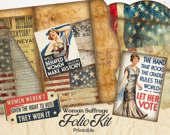 Puede incluir: Un kit de collage digital con una estética vintage que presenta imágenes de mujeres y texto relacionado con el sufragio femenino. El texto incluye "Well Behaved Women Seldom Make History", "Women Weren't Given the Right to Vote They Won It", "The Hand That Rocks the Cradle Rules the World Let Her Vote", y "Woman Suffrage Folio Kit Printable".
