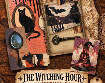 The Witching Hour Junk Journal Folio Kit, Gothic Halloween Ephemera (JPG Download)