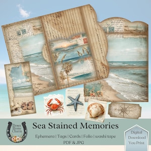 Coastal Junk Journal Printables: Sea Stained Memories Ephemera (PDF & JPG Files