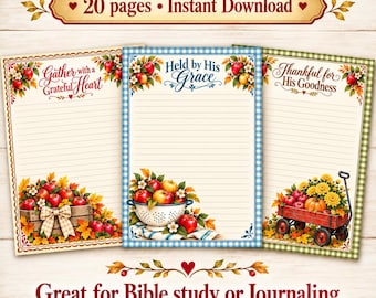 Autumn Christian Journal Pages Printable, 20 Fall Apple Stationery Sheets for Bible Study, Prayer Journaling, Instant Download