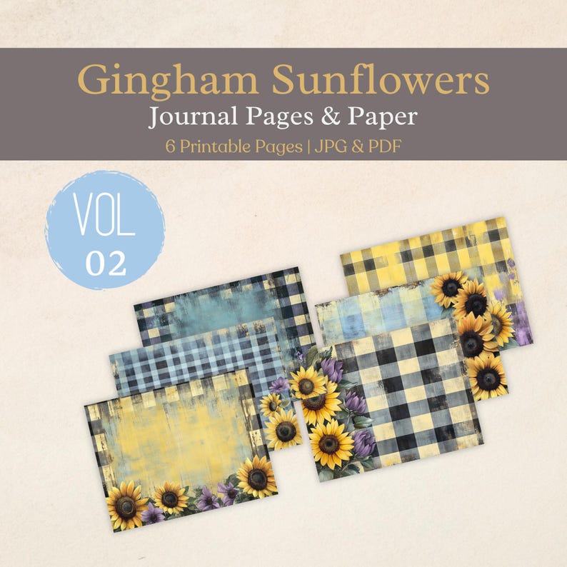 Sunflower Gingham Junk Journal Kit: Watercolor Country Printable (PDF ...