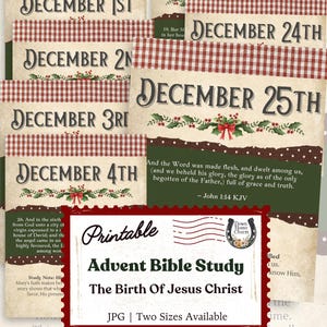 May include: Printable Advent Bible Study featuring dates from December 1st to 25th. Each card has a decorative red and white checkered border and holly accents. The text includes Bible verses and the phrase "The Birth of Jesus Christ."