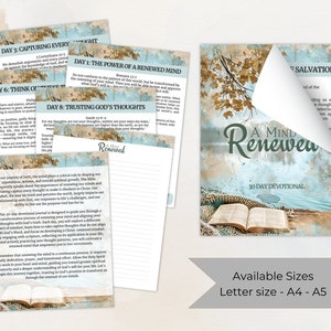 Puede incluir: Un diario devocional de 30 d&iacute;as titulado "A Mind Renewed" con un fondo de acuarela de un lago, cielo y &aacute;rboles. La portada presenta un libro cerrado con una cubierta azul y marr&oacute;n. El texto "Available Sizes Letter size - A4 - A5" est&aacute; en la parte inferior de la imagen.