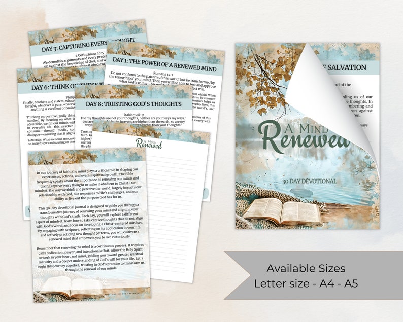 Puede incluir: Un diario devocional de 30 d&iacute;as titulado "A Mind Renewed" con un fondo de acuarela de un lago, cielo y &aacute;rboles. La portada presenta un libro cerrado con una cubierta azul y marr&oacute;n. El texto "Available Sizes Letter size - A4 - A5" est&aacute; en la parte inferior de la imagen.