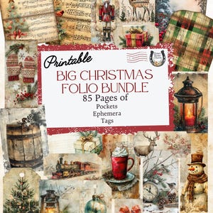 May include: A collection of vintage Christmas ephemera, including tags, pockets, and decorative elements. The design features a nutcracker, deer, Christmas trees, musical notes, and a snowman. The text reads "Big Christmas Folio Bundle" with 85 pages of content.