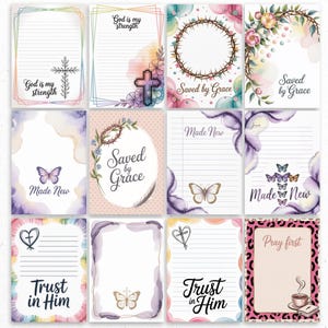 May include: A collection of twelve watercolor-style cards with inspirational quotes and designs. Each card features a unique layout with floral, butterfly, and cross motifs. Text includes "God is my strength", "Saved by Grace", "Made New", "Trust in Him", and "Pray first".