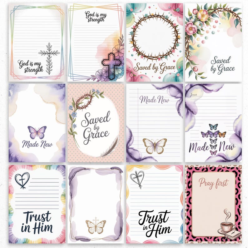 May include: A collection of twelve watercolor-style cards with inspirational quotes and designs. Each card features a unique layout with floral, butterfly, and cross motifs. Text includes "God is my strength", "Saved by Grace", "Made New", "Trust in Him", and "Pray first".