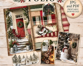 Country Winter Folio Printable, Vintage Christmas Junk Journal Kit (JPG PDF Download)