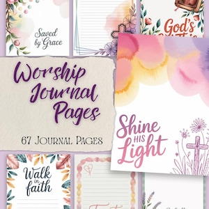 May include: A collection of 67 journal pages with watercolor designs. The pages feature floral borders, crosses, and inspirational phrases like "Saved by Grace," "Shine His Light," and "Trust in Him." The overall theme is religious and spiritual.