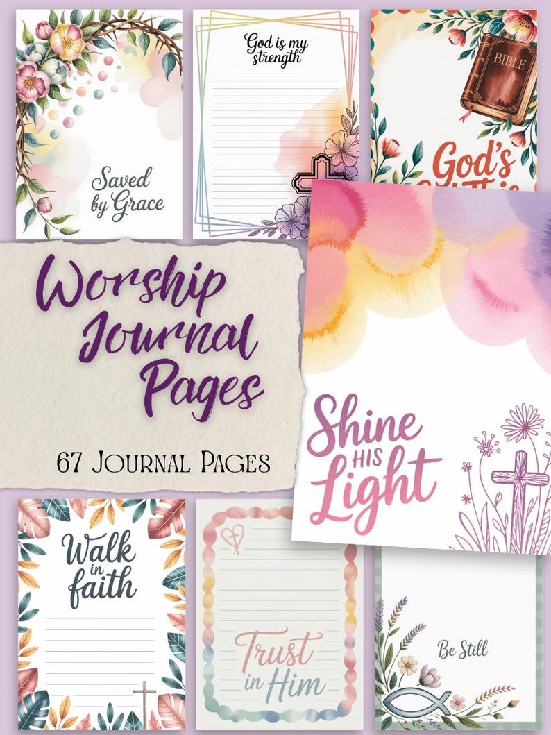 May include: A collection of 67 journal pages with watercolor designs. The pages feature floral borders, crosses, and inspirational phrases like "Saved by Grace," "Shine His Light," and "Trust in Him." The overall theme is religious and spiritual.