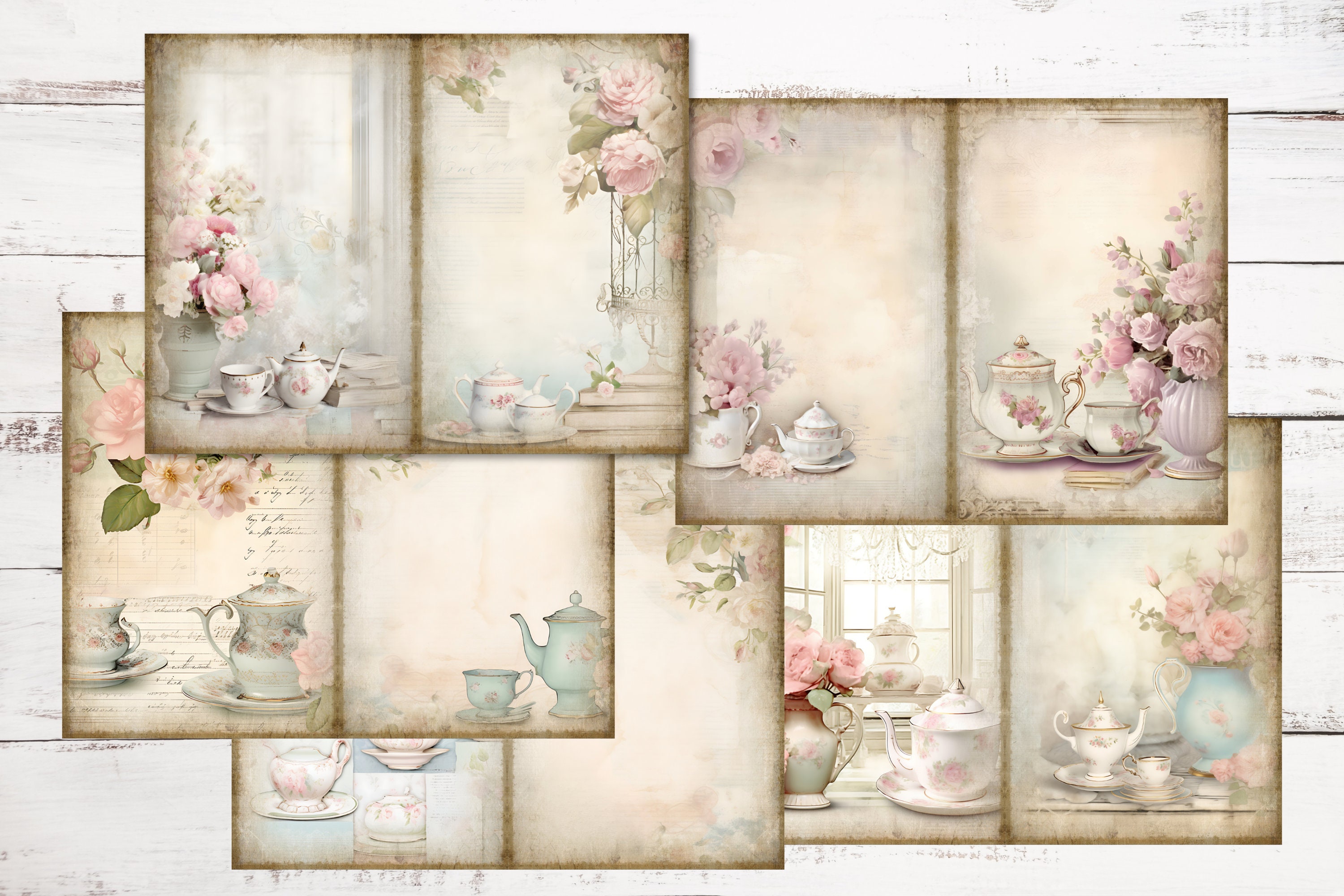 Tea Party Junk Journal Kit: Shabby Chic Floral Pages (digital Download ...