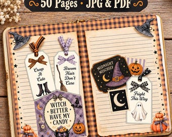 Halloween Junk Journal Kit, Printable Pages, Tags, Ephemera (JPG PDF Digital Download)