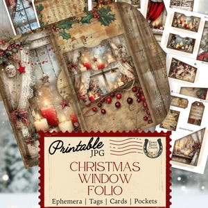 May include: A collection of printable Christmas-themed ephemera, tags, cards, and pockets. The designs feature rustic window scenes with candles, berries, and festive decorations. The text on the image reads "CHRISTMAS WINDOW FOLIO".