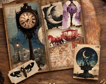 After Midnight Gothic Junk Journal Folio Kit, Vintage Celestial Ephemera (Digital Download)
