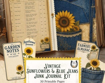 Sunflower Junk Journal Kit, Vintage Farmhouse Folio, Denim Gingham Ephemera (Digital Download)