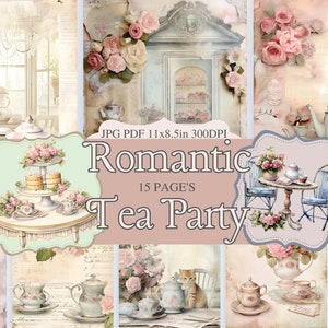 Tea Party Junk Journal Kit, Junk Journal afdrukbaar, digitaal papier, kortstondige, ongewenste dagboekpagina's, plakboekpapier, Shabby Chic Tea Party