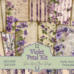 Violet Junk Journal, presente de dia das mães, papel digital, coisas efêmeras, páginas de lixo eletrônico, papel para scrapbook, floral chique gasto, diário vintage