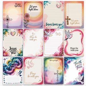 May include: A collection of twelve inspirational cards with various designs. Each card features watercolor backgrounds, floral accents, doves, crosses, and phrases like "Let your light shine," "Jesus Loves You," "Peace be with you," and "Faith over Fear."