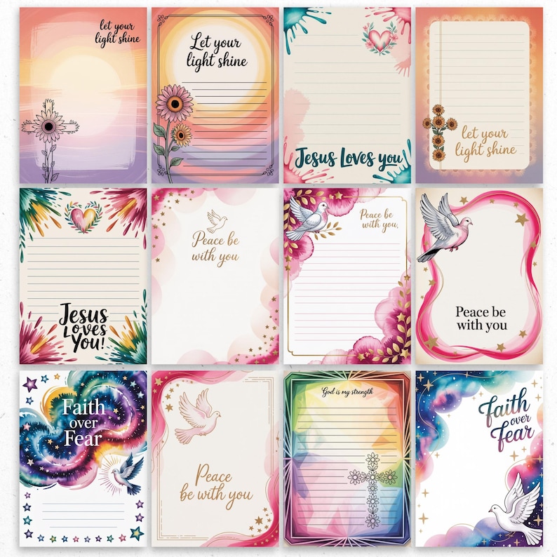 May include: A collection of twelve inspirational cards with various designs. Each card features watercolor backgrounds, floral accents, doves, crosses, and phrases like "Let your light shine," "Jesus Loves You," "Peace be with you," and "Faith over Fear."