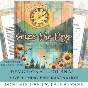 May include: A devotional journal with a watercolor design featuring a clock, lake, and sunflowers. The words "Seize the Day" are prominently displayed. The journal is designed to help overcome procrastination.