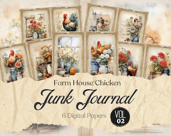 Farmhouse Chicken Junk Journal, carta digitale, pagine di Junk Journal, foglio collage 8,5x11, album, artigianato di carta, download, pagine stampabili