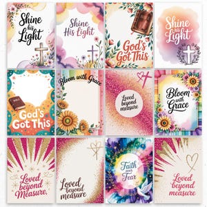 May include: A collection of twelve watercolor-style cards with religious themes. The cards feature floral designs, crosses, and phrases like "Shine His Light," "God's Got This," and "Bloom with Grace." The color palette includes pinks, purples, and gold accents.