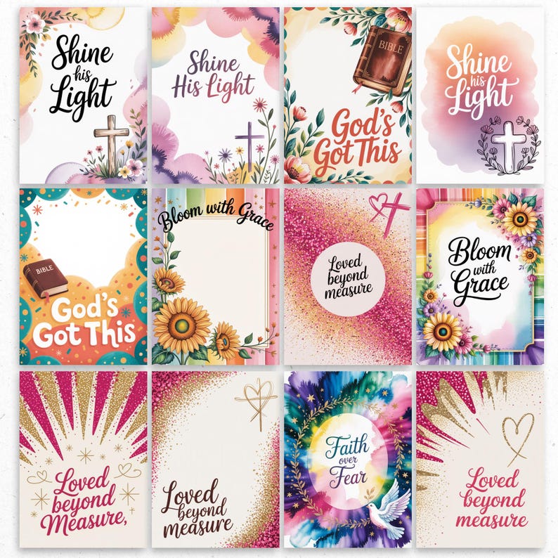 May include: A collection of twelve watercolor-style cards with religious themes. The cards feature floral designs, crosses, and phrases like "Shine His Light," "God's Got This," and "Bloom with Grace." The color palette includes pinks, purples, and gold accents.