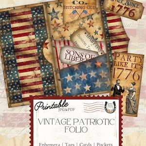 May include: A vintage patriotic folio with a variety of ephemera, tags, cards, and pockets. The design features distressed American flags, stars, and patriotic text. Includes the text "Betsy Ross Co. Stitching Old" and "Free Since 1776".
