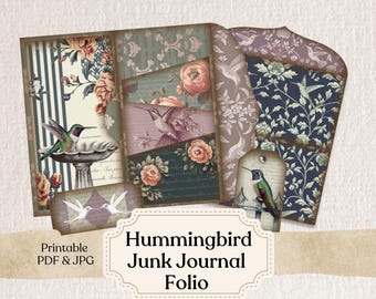 May include: A printable junk journal folio with a hummingbird theme. The folio features a collage of images with hummingbirds, flowers, and patterned backgrounds. The text "Hummingbird Junk Journal Folio" is printed on a brown label.