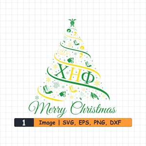 Può includere: Un design di albero di Natale in verde e giallo, adornato con tacchi alti, tartarughe e fiocchi di neve. Le parole "Merry Christmas" sono scritte in un font script, con lettere greche al centro. L'immagine include opzioni di tipo di file.