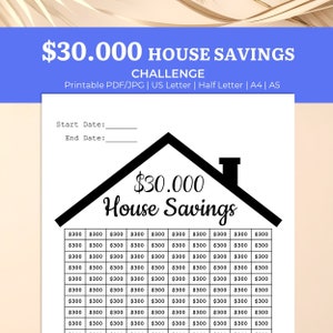 Może przedstawiać: Drukowany tracker wyzwania oszczędzania na dom. Tracker został zaprojektowany, aby pomóc Ci zaoszczędzić 30 000 €. Tracker zawiera czarną grafikę domu z kominem na górze. Tracker ma siatkę 10 wierszy i 10 kolumn. Każda komórka w siatce jest oznaczona kwotą 300 €. Tracker zawiera miejsca na wpisanie daty rozpoczęcia i daty zakończenia.