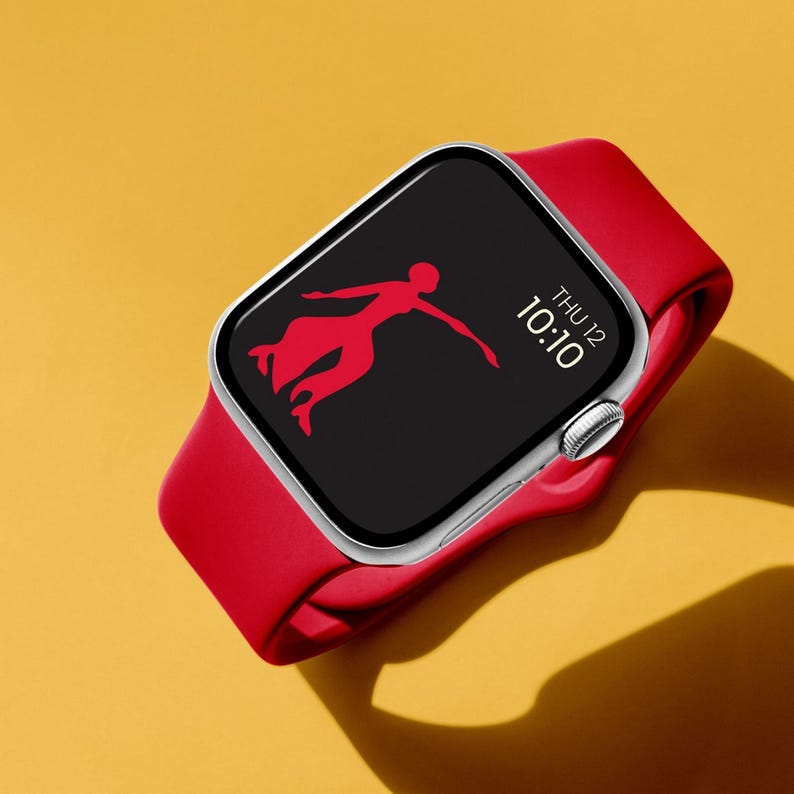 May include: A red Apple Watch with a black screen displaying the time 10:10 and the date THU 12. The screen also shows a red silhouette of a person dancing.