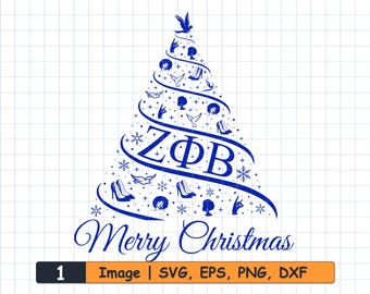 May include: Blue silhouette of a Christmas tree with the letters "ZPB" in the center. The tree is decorated with snowflakes, doves, and stylized female figures. The text "Merry Christmas" is below the tree.