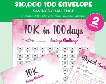 10K 100 envelopes money saving challenge tracker printable. Savings chart for 10000 cash tracker. Save money for 100 days. PDF, JPG files