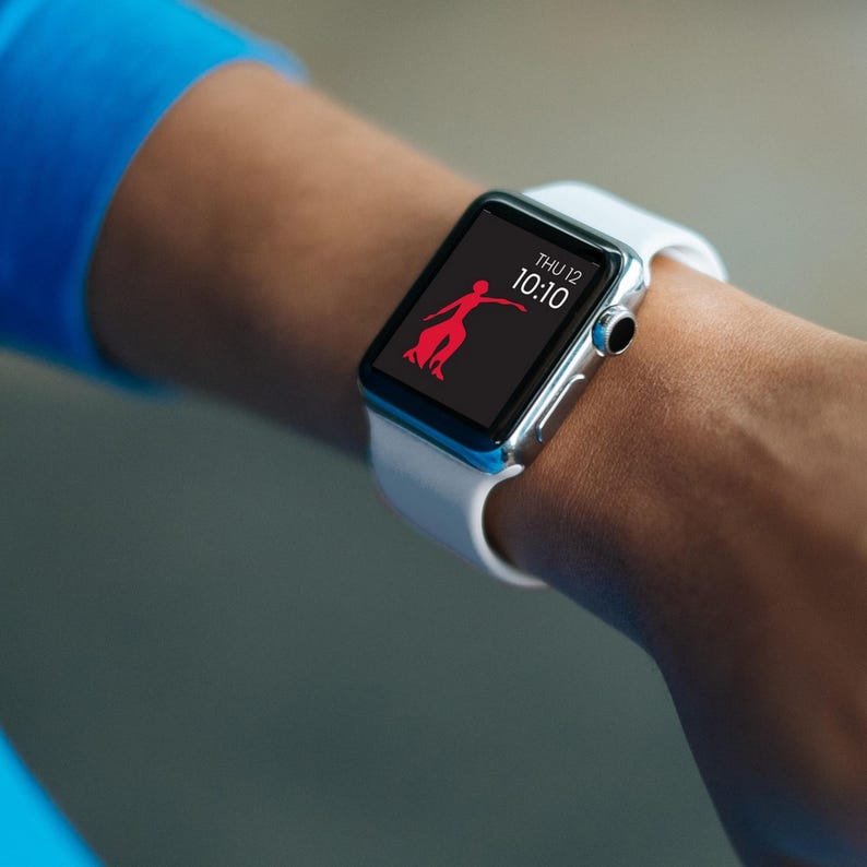 May include: A white Apple Watch with a black face displaying the time 10:10 and the date THU 12. A red stick figure is shown on the screen.