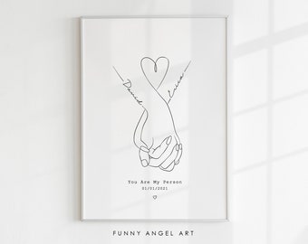 Customised personalised print. Holding hands print. Line drawing hands with your names, date and quote is a buautifull gift for your partner