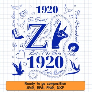May include: Blue and white graphic design with the letter Z, the words "Zeta Phi Beta" and "1920", and other related text and symbols.