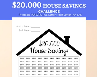 20k House Savings Tracker. 20k Savings Challenge. Home Savings Goal Planner. Down Payment Tracker for New House. PDF, JPEG Printable File