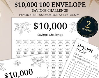 Planificador imprimible para ahorrar 10.000 dólares con 100 sobres. Tabla de ahorro para un registro de 10.000 dólares en efectivo. Ahorra dinero durante 52 semanas. PDF, JPG, archivo de corte.