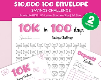 10K 100 envelopes money saving challenge tracker printable. Savings chart for 10000 cash tracker. Save money for 100 days. PDF, JPG files