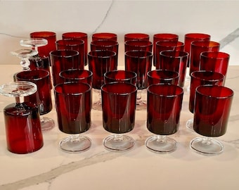 Made in France, Luminarc Cavalier Ruby Red Glasses, Stamped France, 3 Glass Sizes, 28 Pieces, Available by Size or as Full Set, 1960s